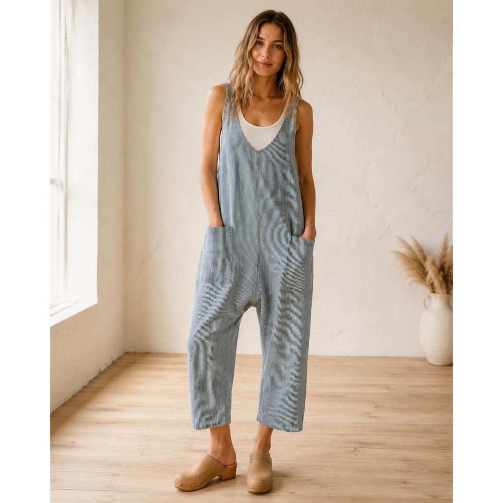 Free People We The Free Women's Medium High Roller Railroad Stripe Overalls